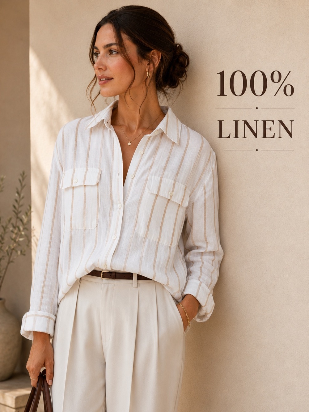 Vineyard Vines 100% Linen Striped Button Front Shirt | White & Tan | Size 16